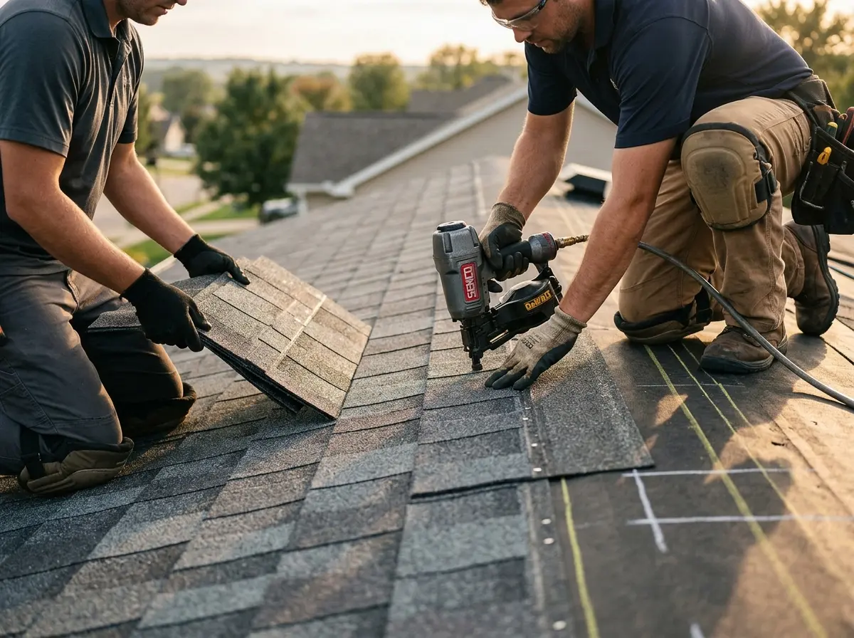 Professional roofer working on a residential roof in Island Lake